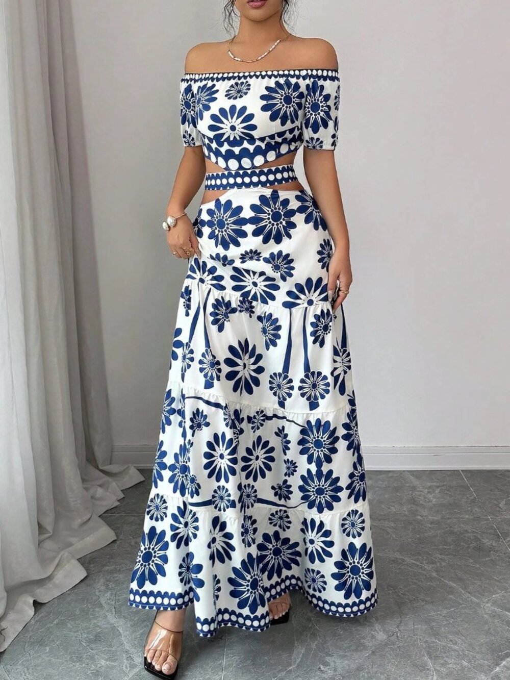 Blue White Floral Off Shoulder Boho Resort Cutout Maxi Dress
